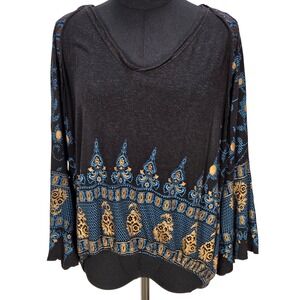 Women's‎ Free People Medium Black Boho Border Print Bell Sleeve V-Neck Top